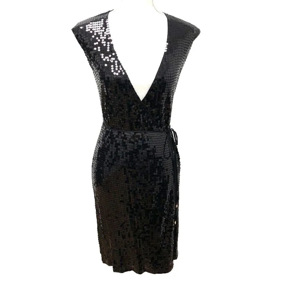 Michael Kors Sequin Wrap Dress‎ Womens XXS Black LBD Party Edgy Sleek